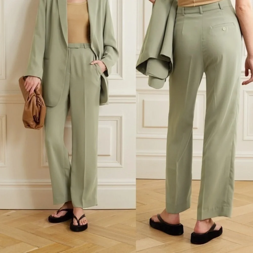 The Frankie Shop NWT Isla Pleated Green Sage Crepe Straight-Leg Trousers Pants S